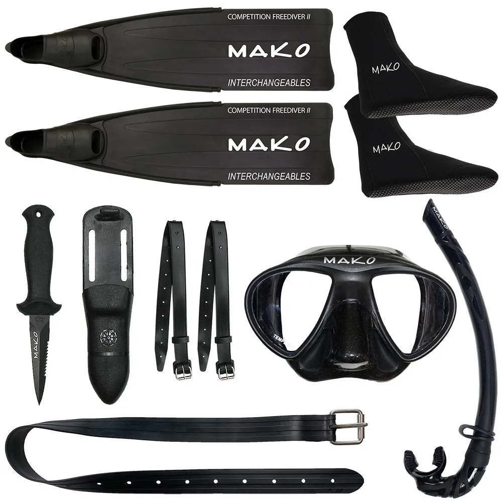 Freediving accessories including weights, lanyard, and float